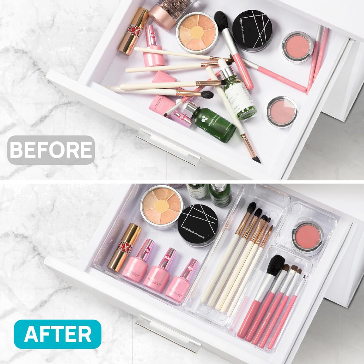 White drawer organized with clear plastic trays holding makeup brushes, lipsticks and small cosmetics after organizing