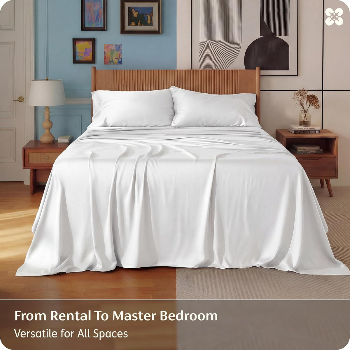 White sheet set displayed on a bed with pillows and a wooden headboard in a styled bedroom