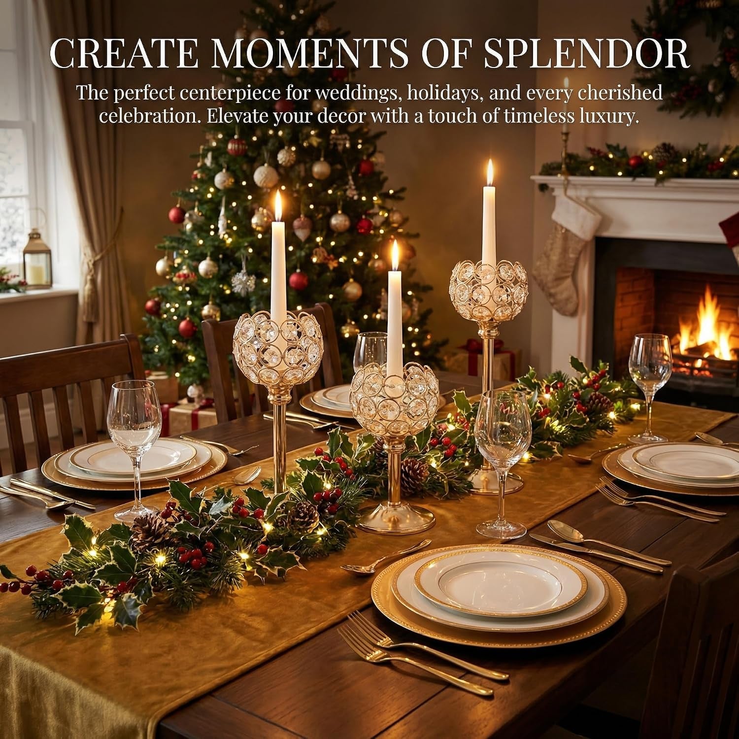 Gold crystal candle holders styled as a dining table centerpiece with lit taper candles and holiday decor