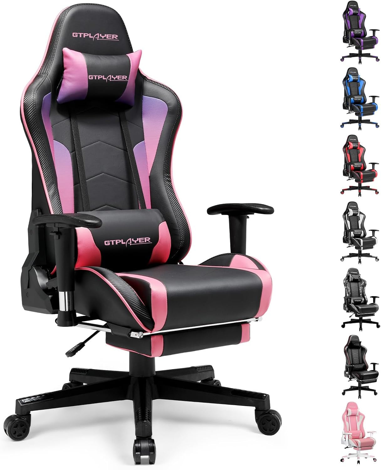 Black gaming chair with pink accents and subtle gradient panels, showing footrest and pillows.