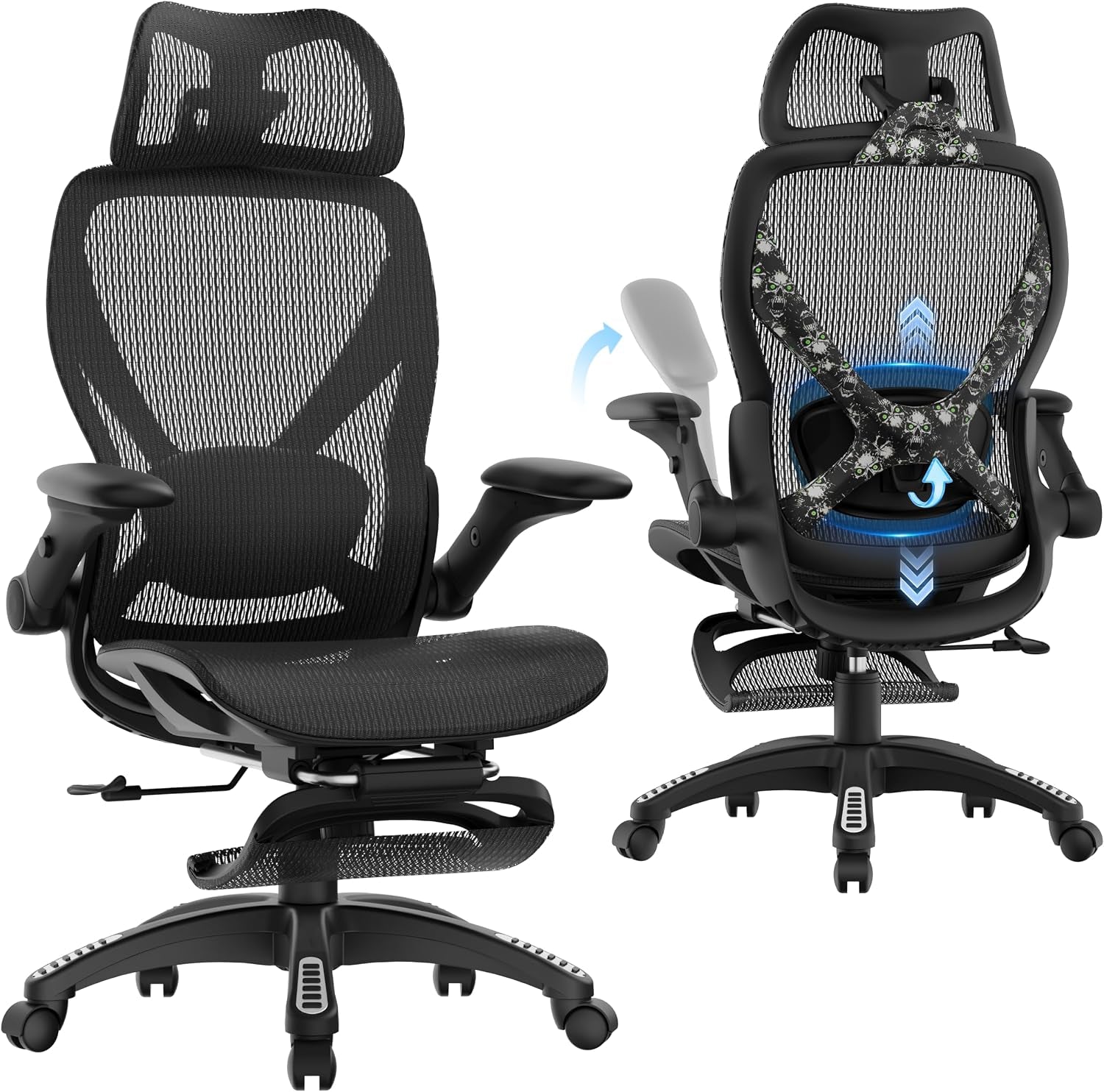 Black mesh chair front and back with a decorative patterned support X on the rear frame.