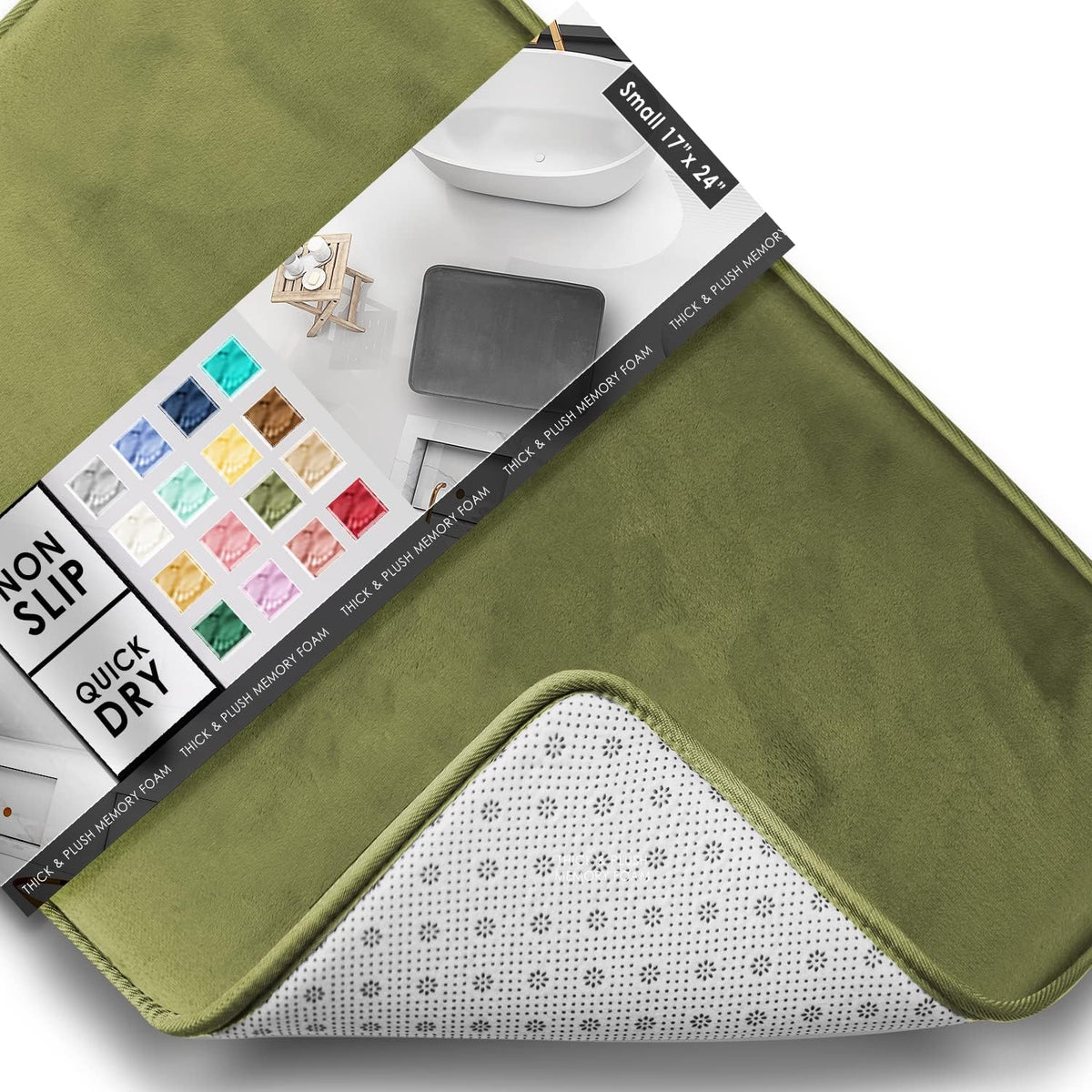 Angled close-up of an olive-green bath mat corner showing soft pile and patterned non-slip underside