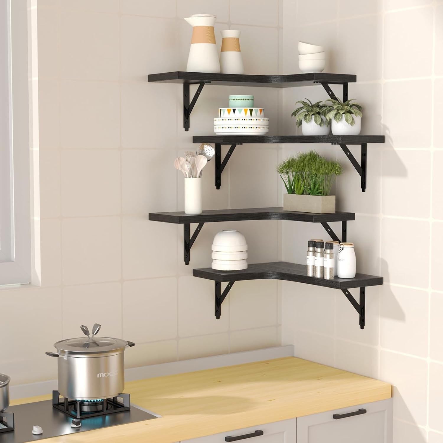 Black corner shelves installed above a kitchen counter showing two upper shelves