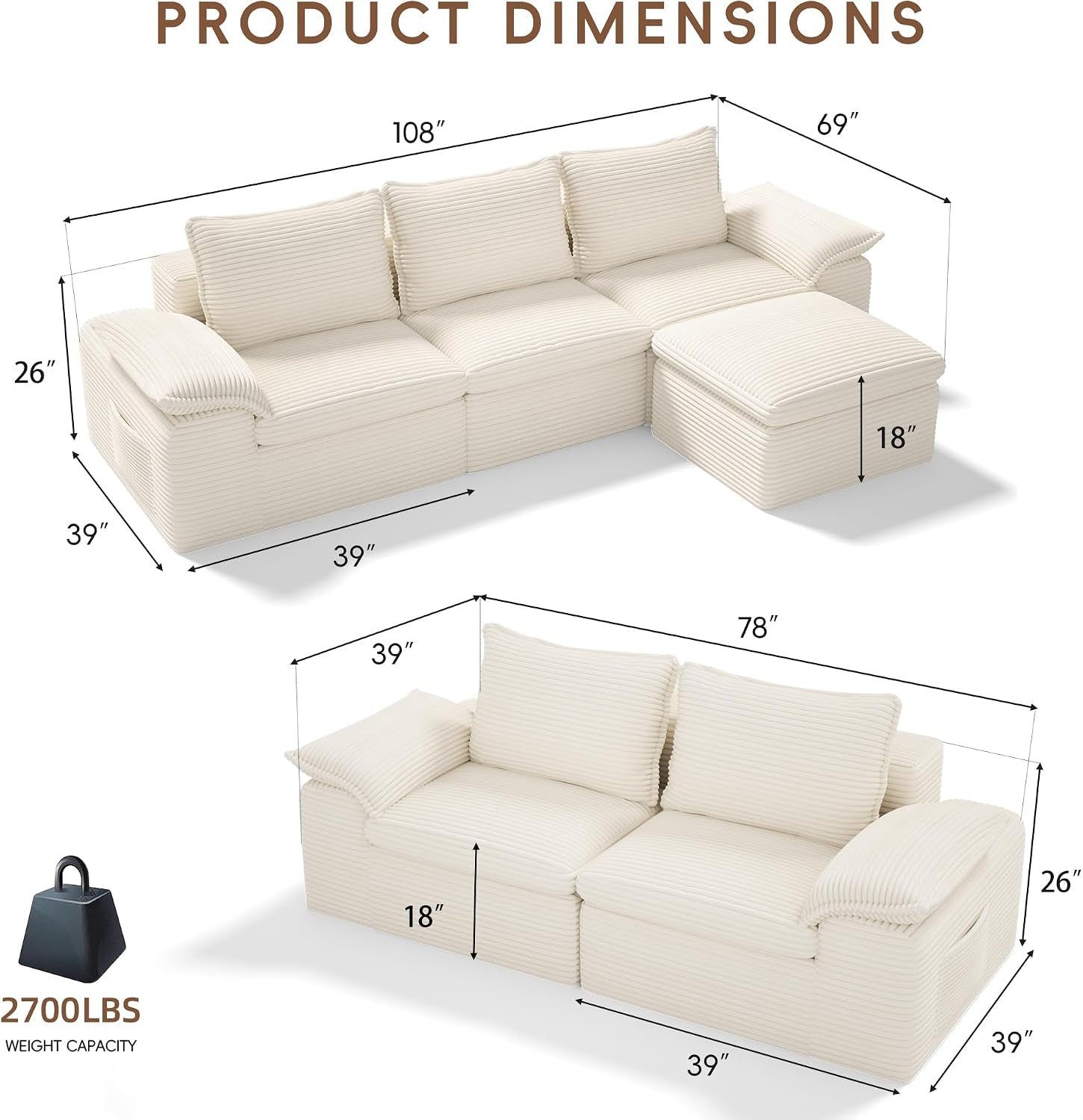 Cream corduroy modular sectional diagram with dimension callouts and weight-capacity graphic