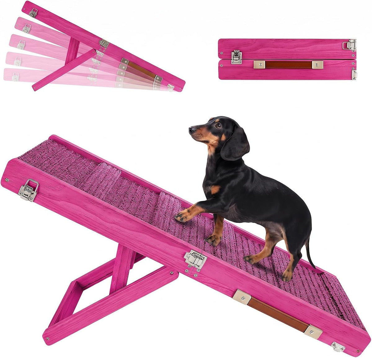 Angled pink ramp shown upright with a small dachshund walking up; inset folded top and height-angle sequence.
