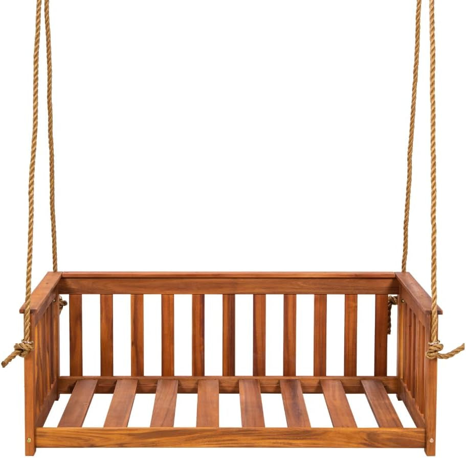 Front view of a natural-finish wooden porch daybed swing with vertical slats and two hanging ropes