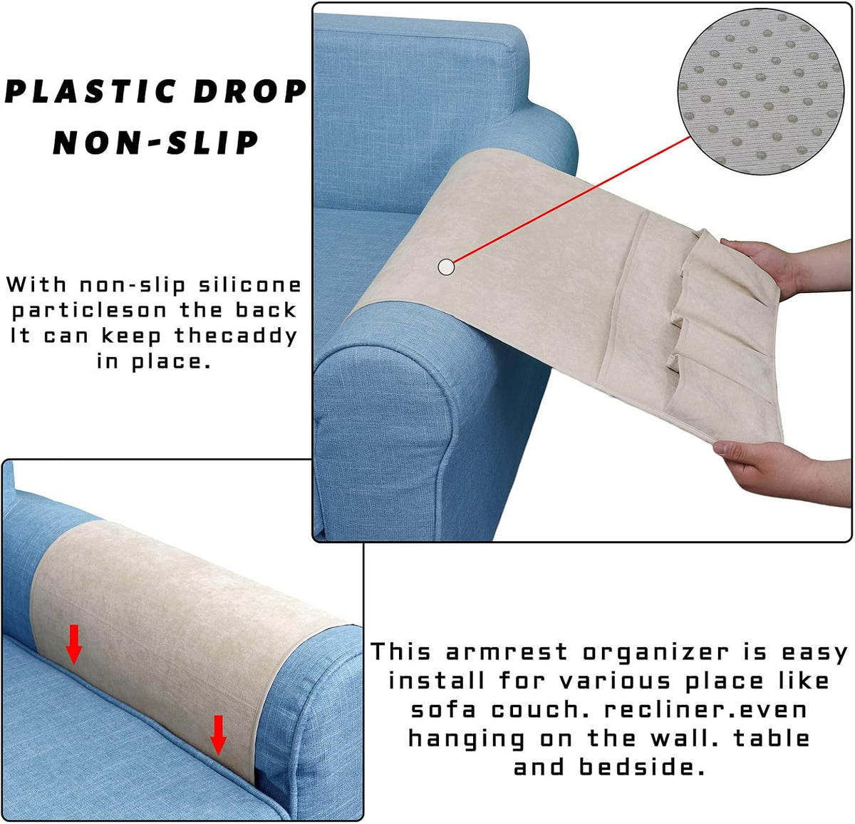 Collage showing caddy hung on a rod, slid under a cushion and draped over a sofa arm in beige