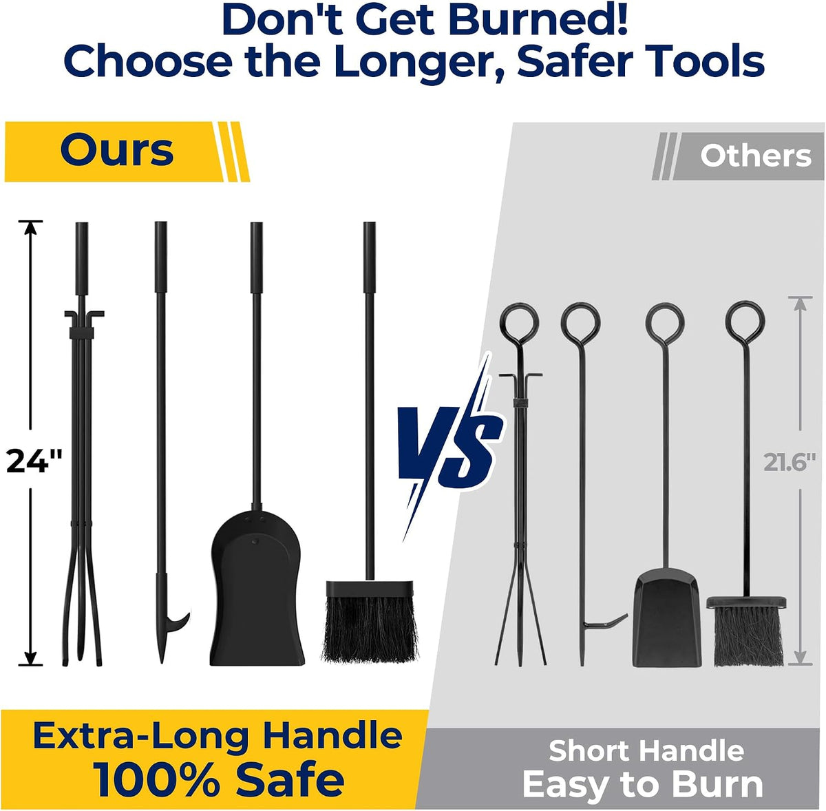 Five black fireplace tools shown upright in a row, left set with noticeably longer handles than the right set