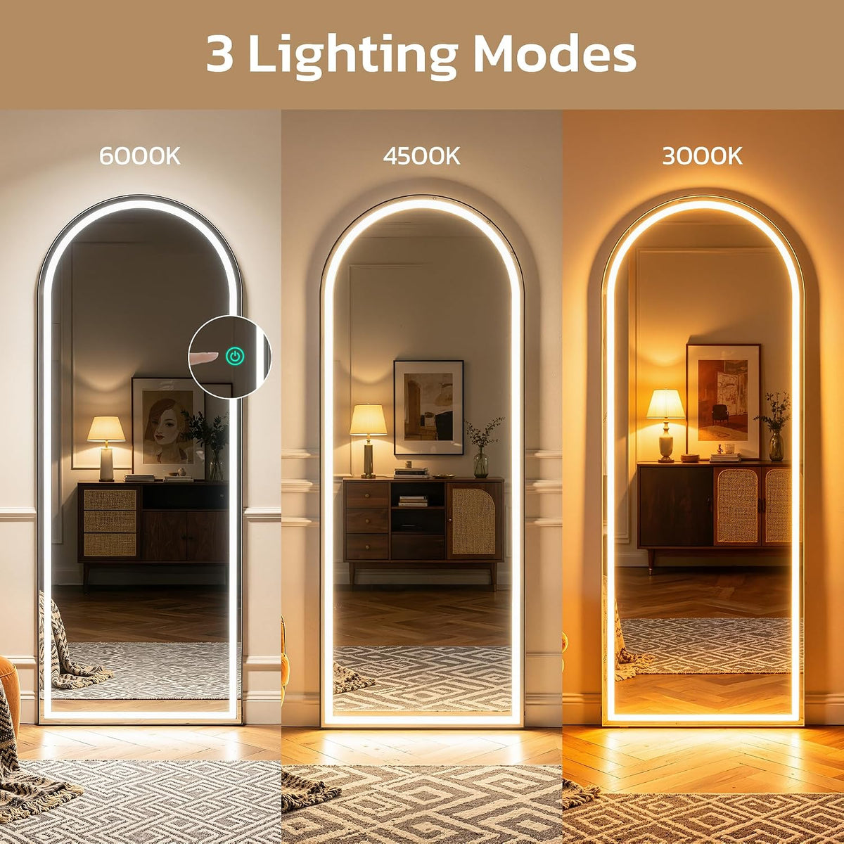 Three arched mirrors displayed side-by-side to show cool, neutral and warm LED lighting with a touch power icon