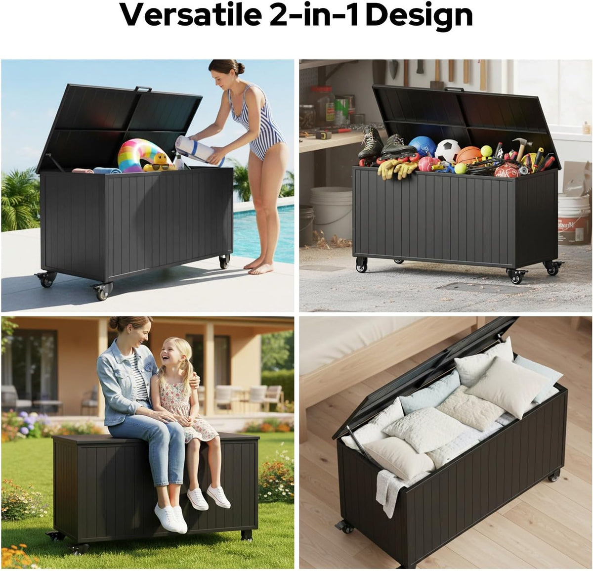 Four‑image collage showing the black outdoor storage box used poolside, in a garage, filled with cushions, and as seating
