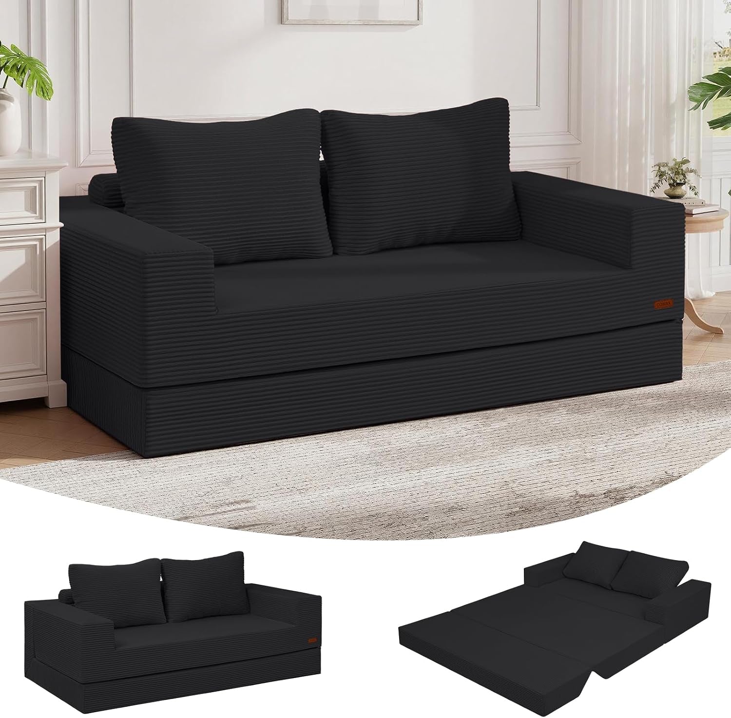 Dark charcoal corded-fabric futon sofa with two back cushions and boxy arms, with small configuration thumbnails below.
