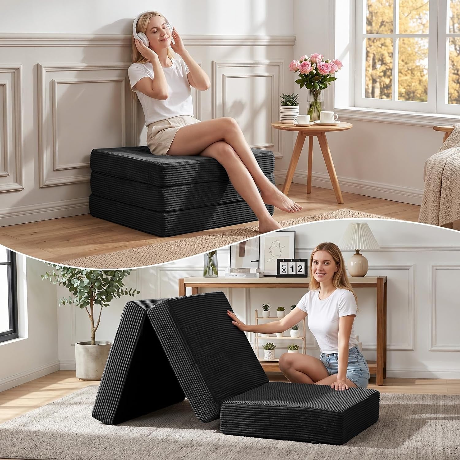 Dark gray tri-fold foam mattress shown stacked as a seat and partially folded into an A-frame with a woman nearby.