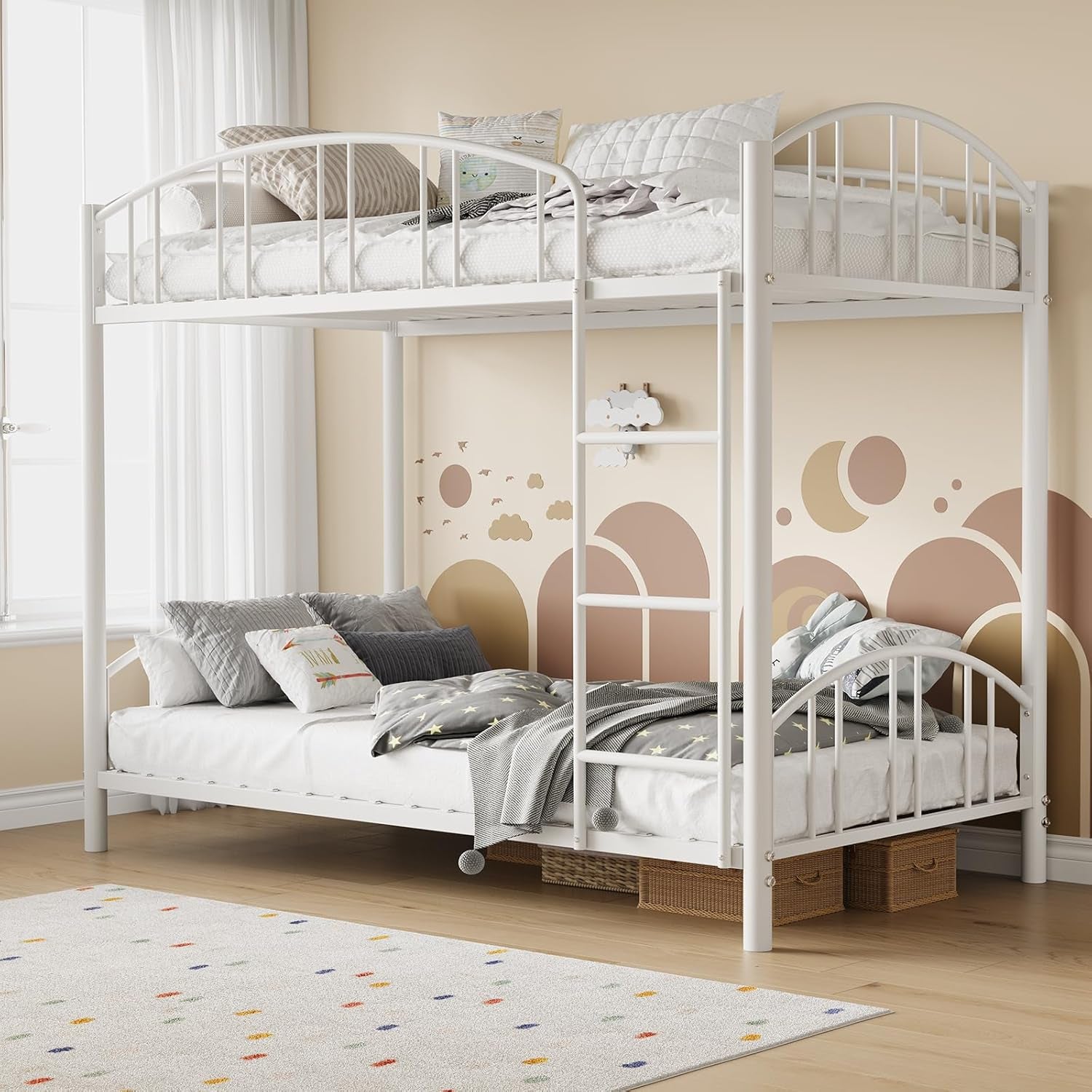 White metal twin-over-twin bunk bed viewed from a slight angle, showing ladder and lower bed styling.