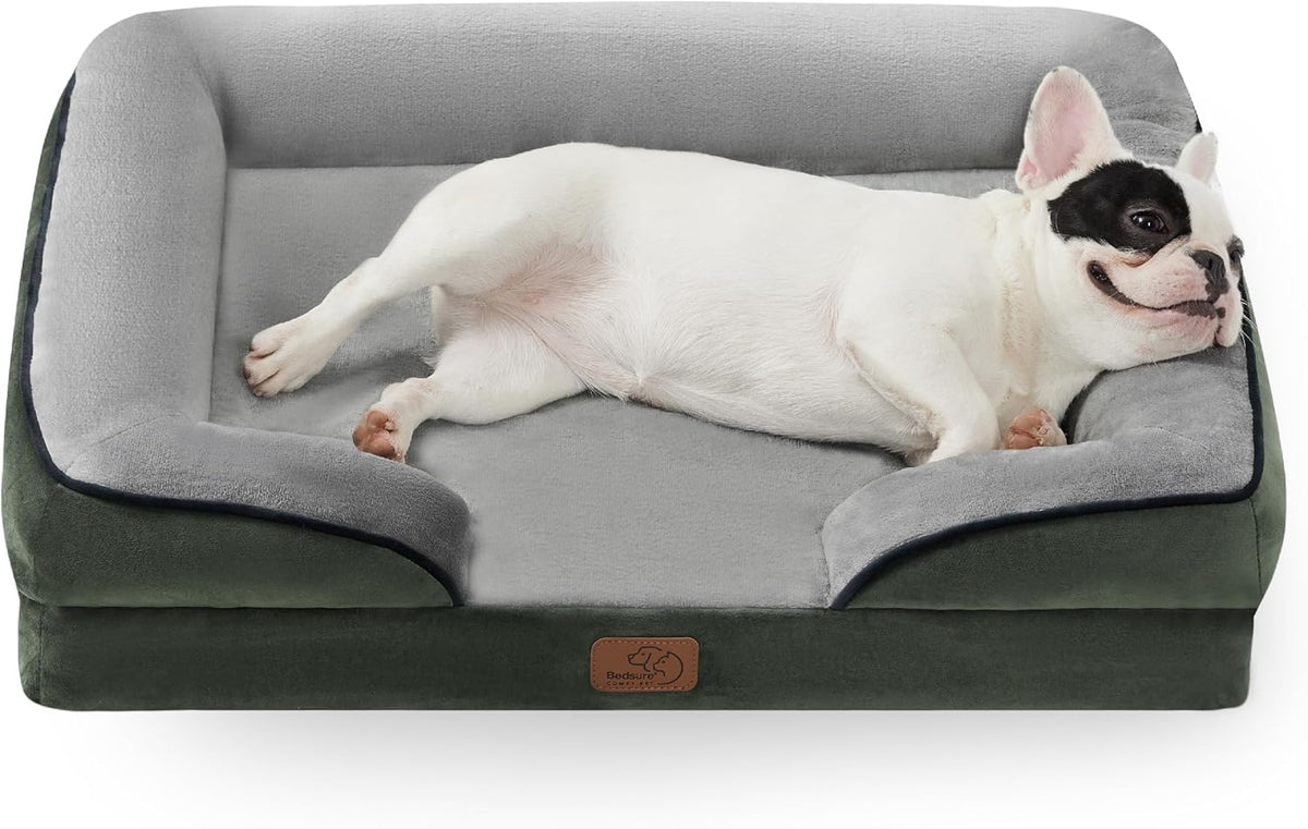 Top-front view of a green outer bolster bed with gray interior and a white French bulldog stretched inside