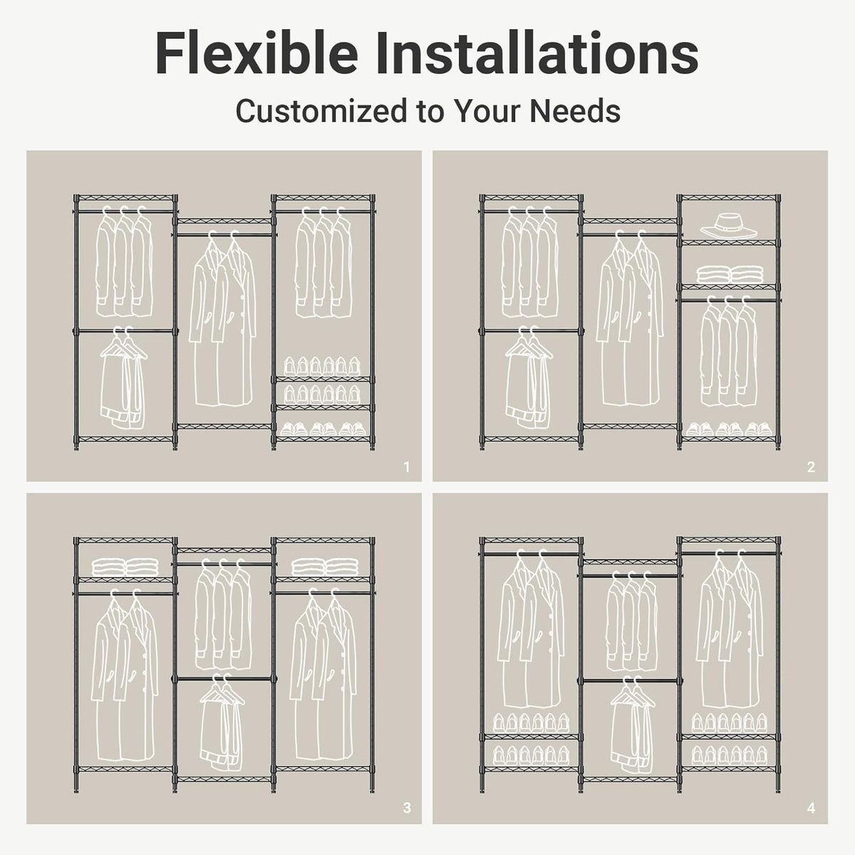 Four simple line diagrams showing customizable wardrobe layouts with different shelf and hanging arrangements