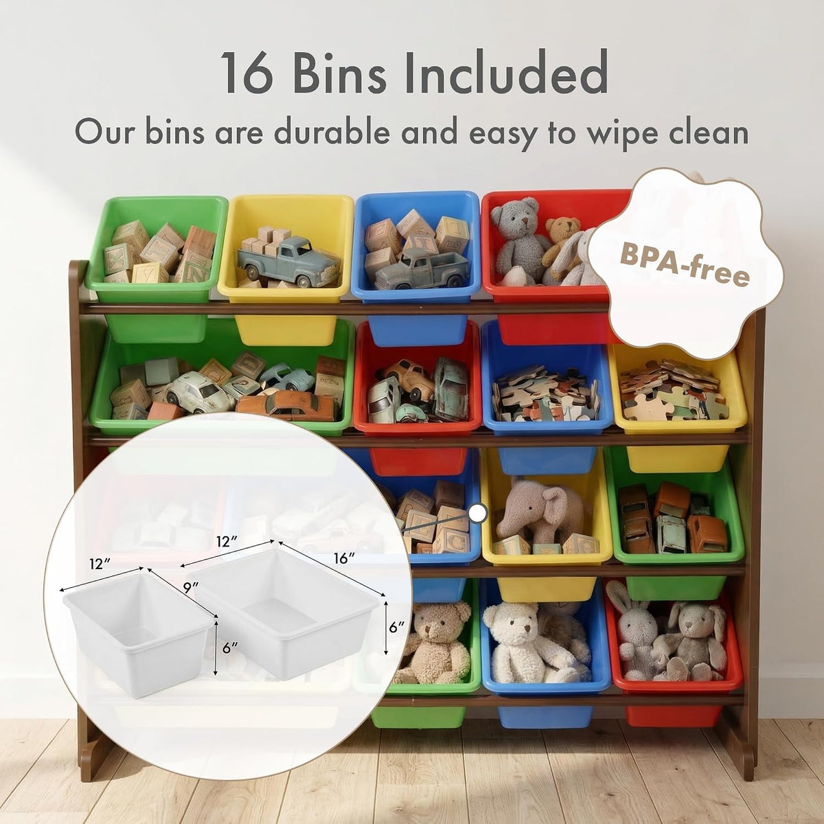 Organizer with bins and an inset diagram showing two bin shapes and sizes over the lower left corner.