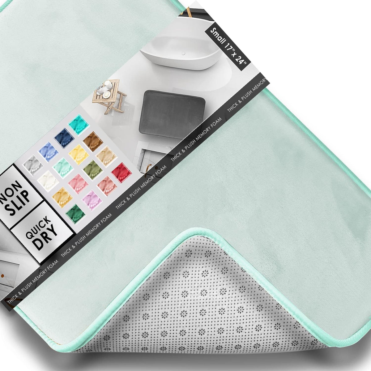 Mint-colored mat corner with packaging swatch card and the dotted non-slip underside partially peeled.
