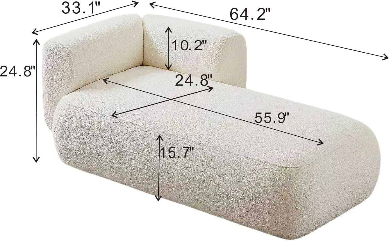 Chaise lounge with dimension diagram and labeled measurements on a white background