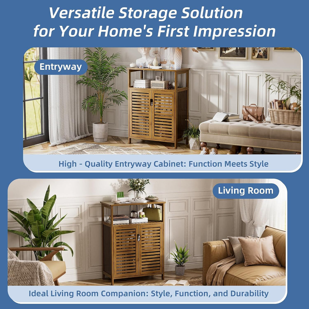 Two-panel layout showing the bamboo cabinet placed in an entryway in one panel and in a living room in the other