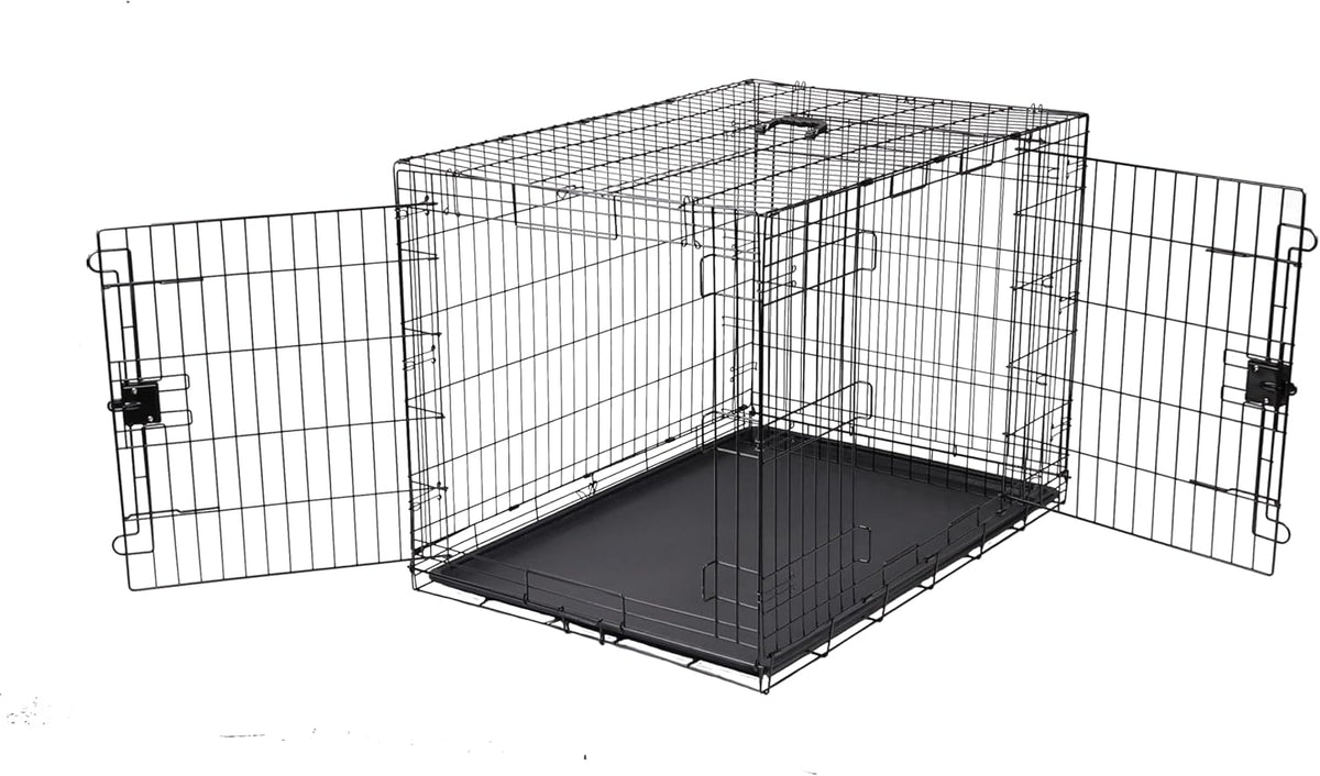Black metal wire dog crate angled front-left view with both doors open and removable tray visible
