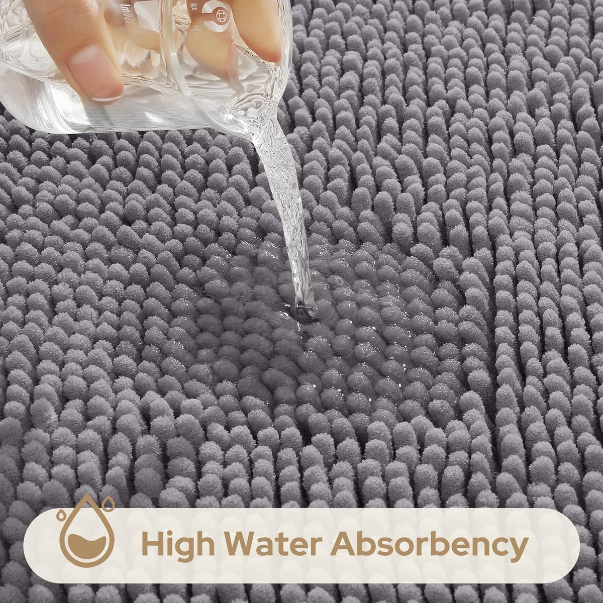 Close-up of water being poured onto grey chenille pile to demonstrate high water absorbency and dense fibers
