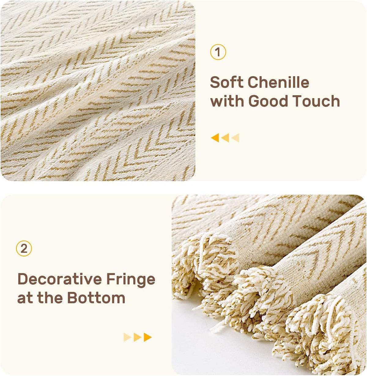 Close-up of herringbone chenille texture and decorative twisted fringe on folded cover.
