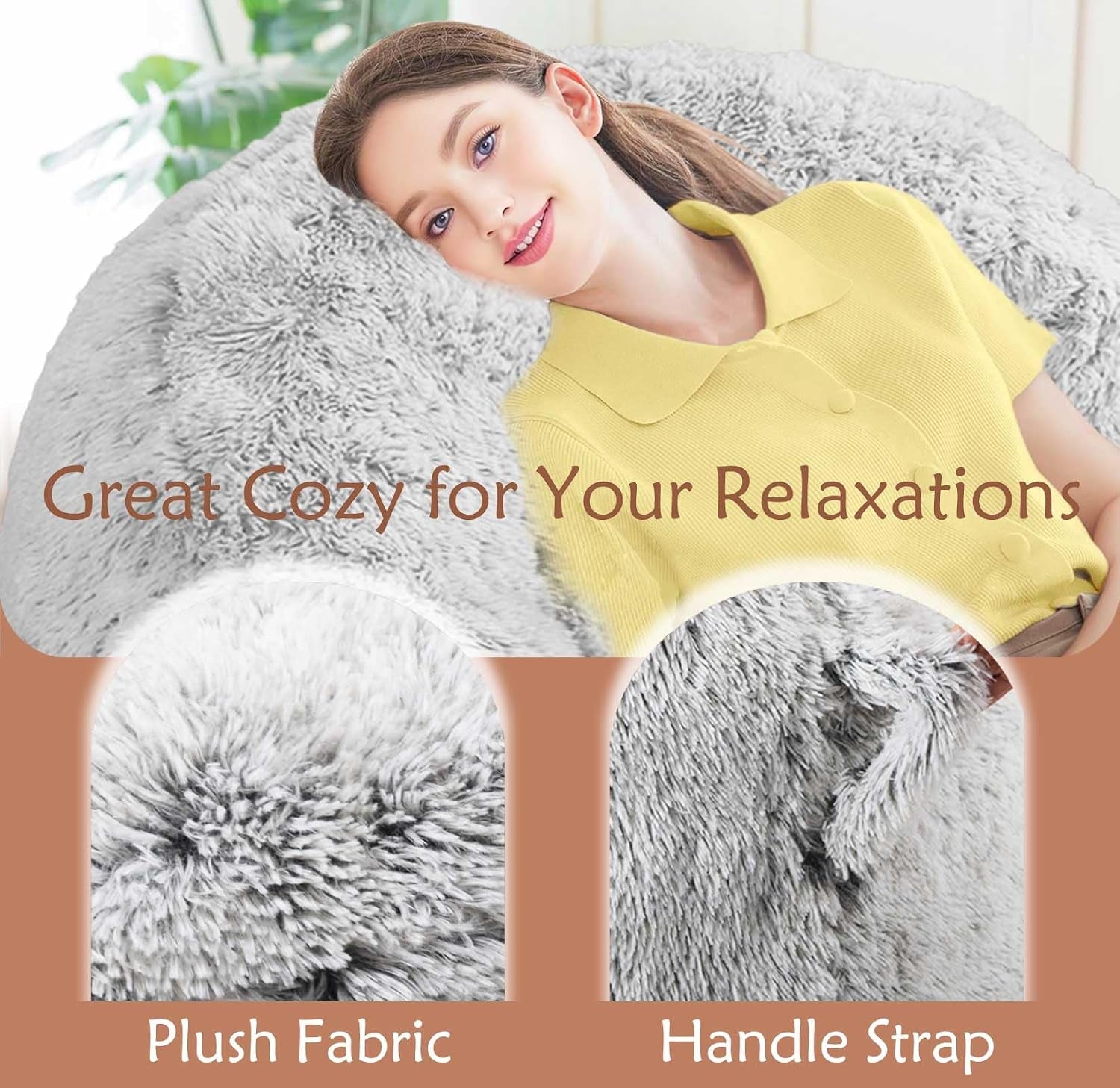 Reclining woman on a plush light-gray bean bag with close-ups of the soft fabric and a stitched handle