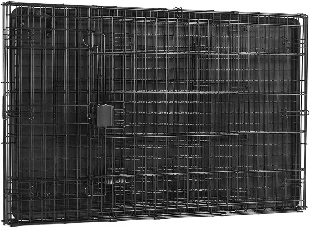 Crate folded flat for storage with latch visible and stacked wire panels against a white background