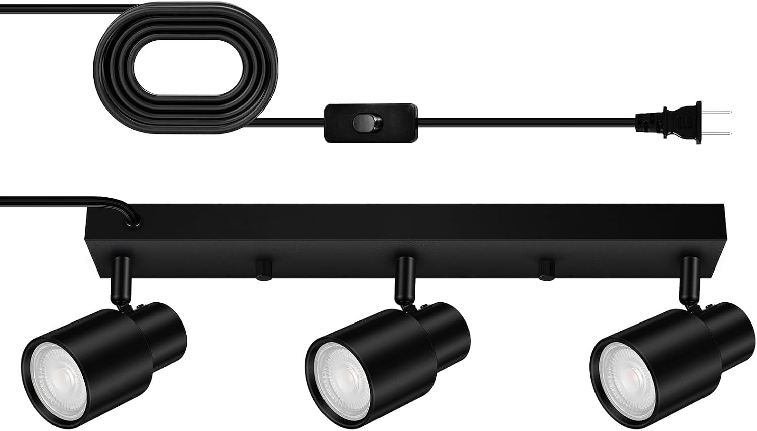 Black three-light plug-in track fixture close-up showing three cylindrical heads and cord with inline switch