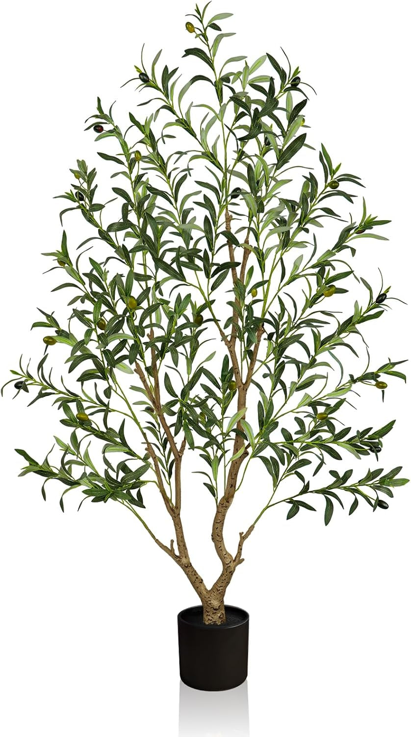 Artificial olive tree with slender trunk and olives planted in a matte black cylindrical pot on white background.