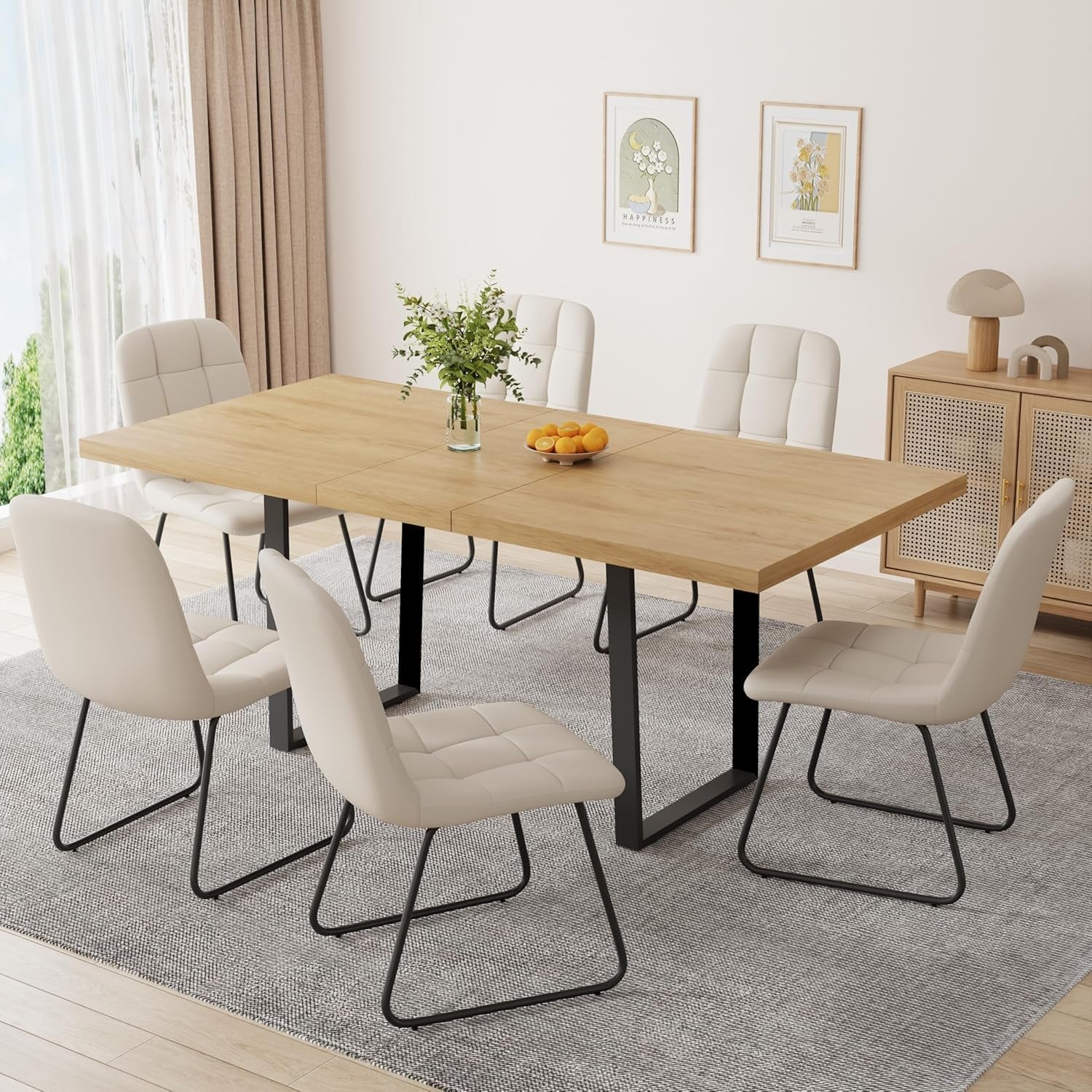 ZckyCine 70.8" Dining Table with 6 PU Leather Chairs, 7-Piece Modern Dining Set, Sturdy Metal Legs, gallery view 45