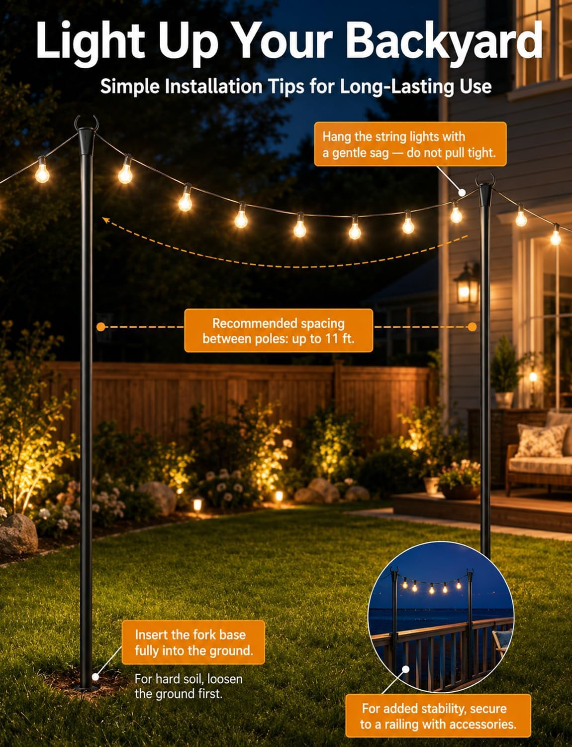 Nighttime backyard scene showing two poles with string lights and recommended spacing up to 11 ft.