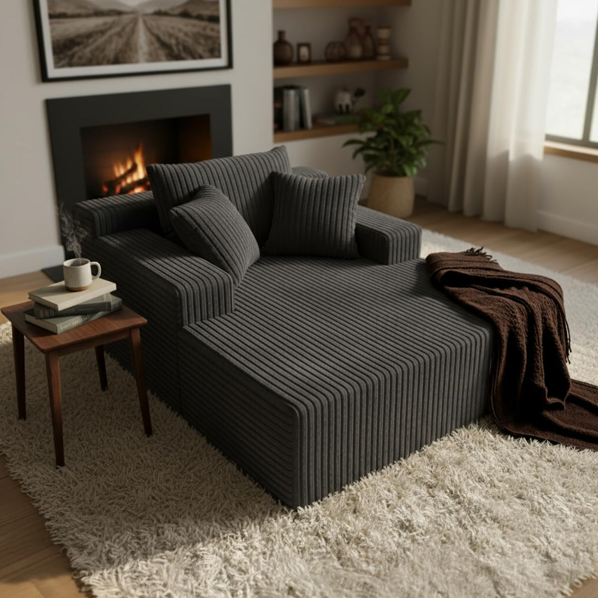 Dark-gray ribbed chaise lounge set near a fireplace with a small side table and a brown throw on the seat.