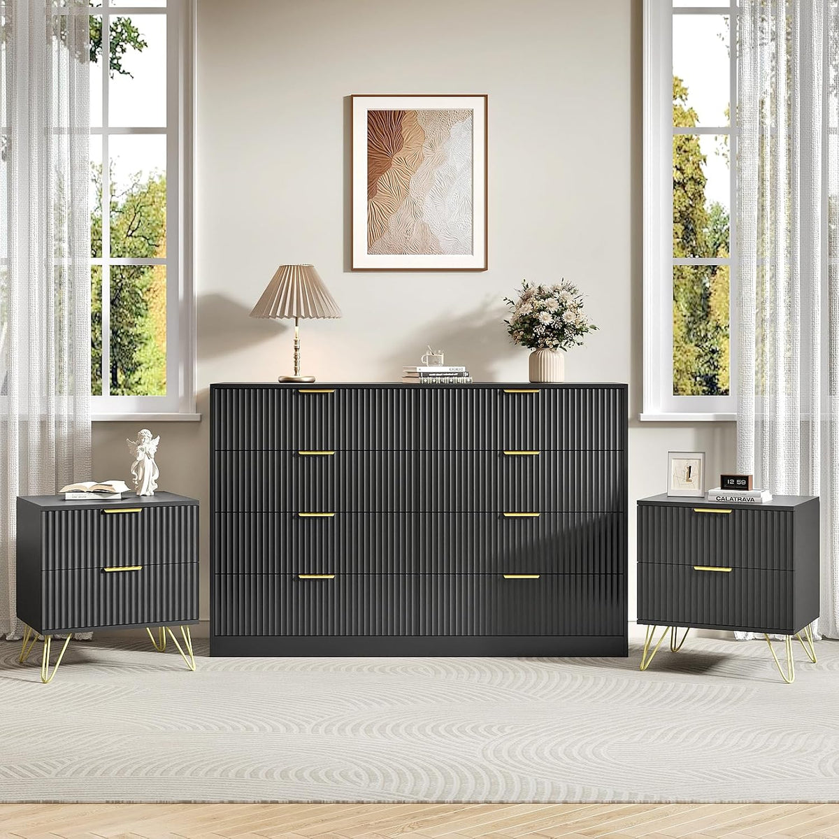 Matte charcoal dresser and nightstands shown in a bright room with decorative lamp and framed art above.