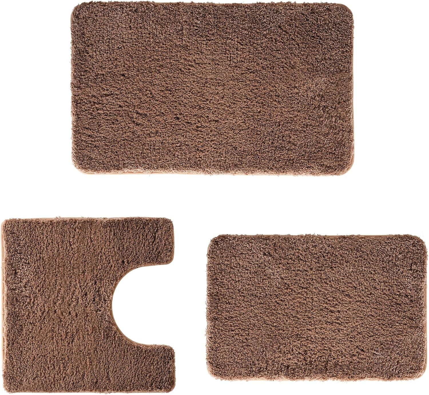 Three-piece brown bathroom rug set photographed flat, showing rectangular and U-shaped pieces