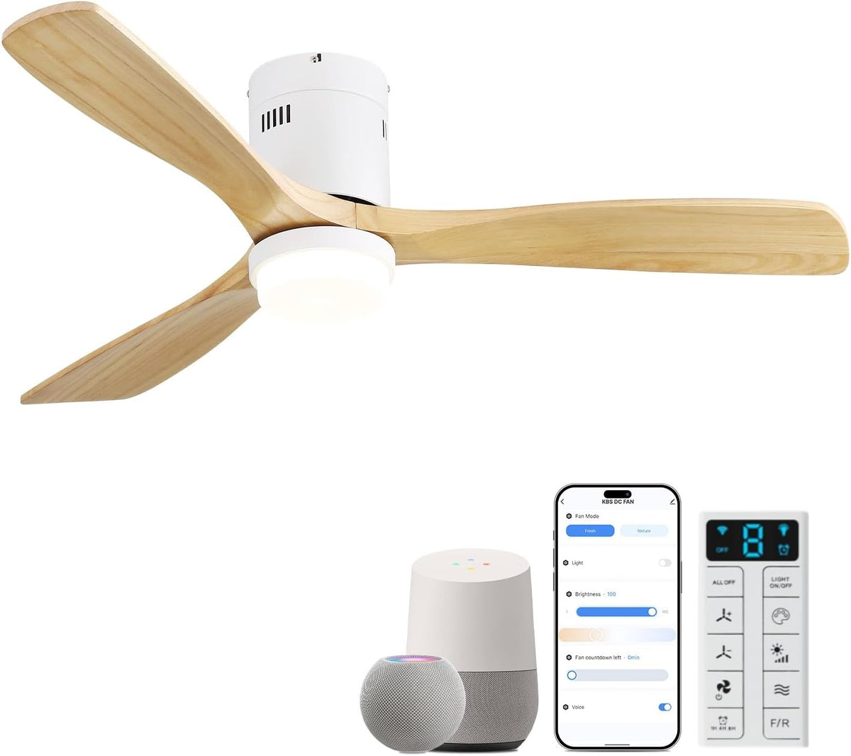 Three-blade ceiling fan in a light natural wood finish shown from below, integrated round light illuminated and smart