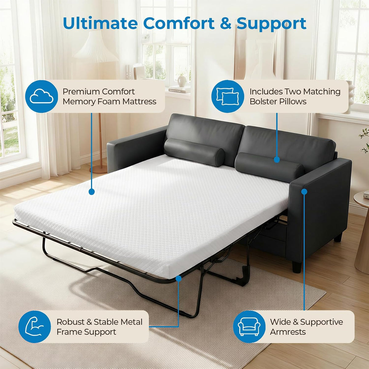 Sofa bed open to show white 3.5-inch memory foam mattress on a metal pull-out frame with two bolsters