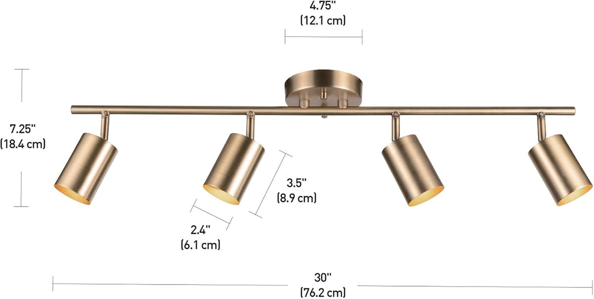 Diagram of the four-light track fixture with measurements for overall length and individual shades