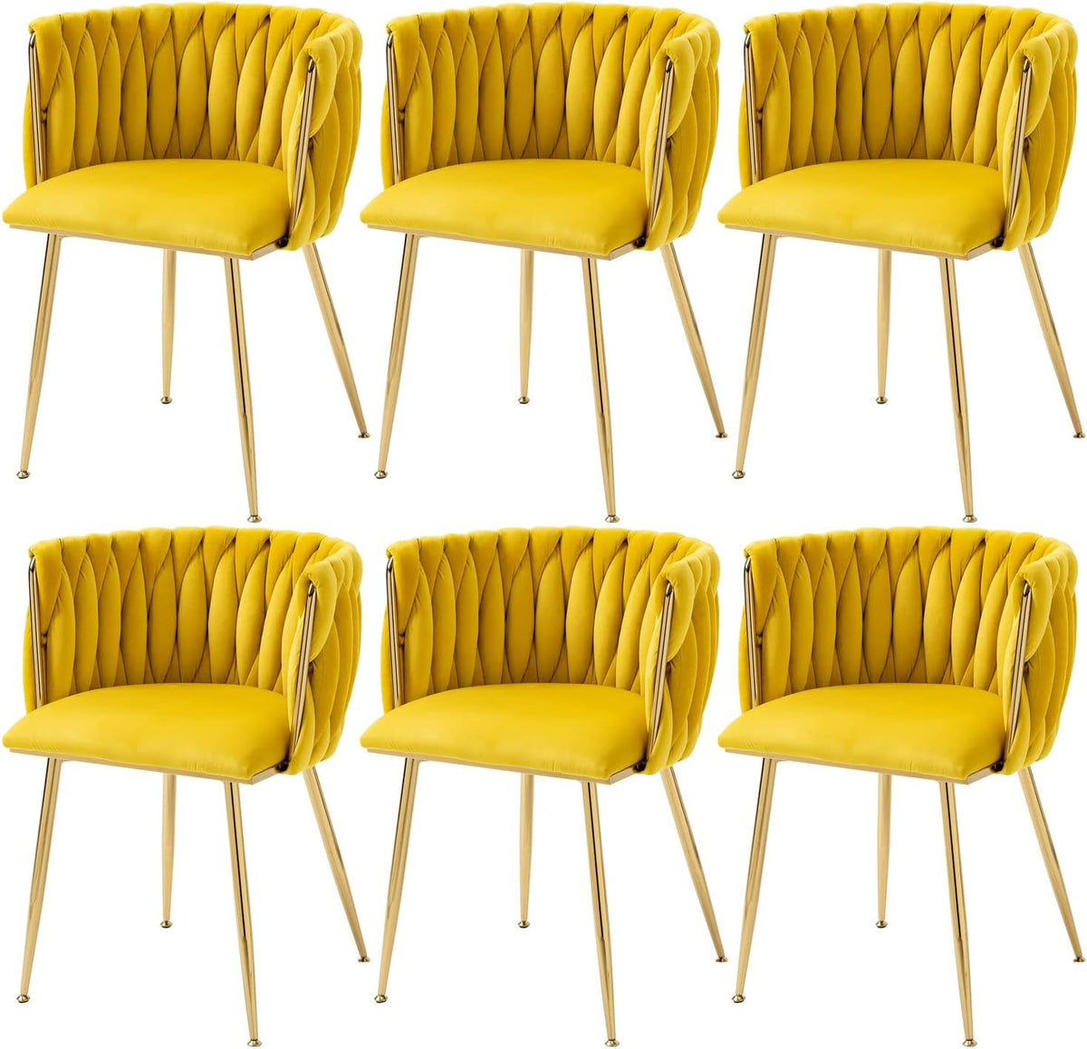 Six yellow velvet dining chairs with braided tufting and slender gold legs shown in two rows