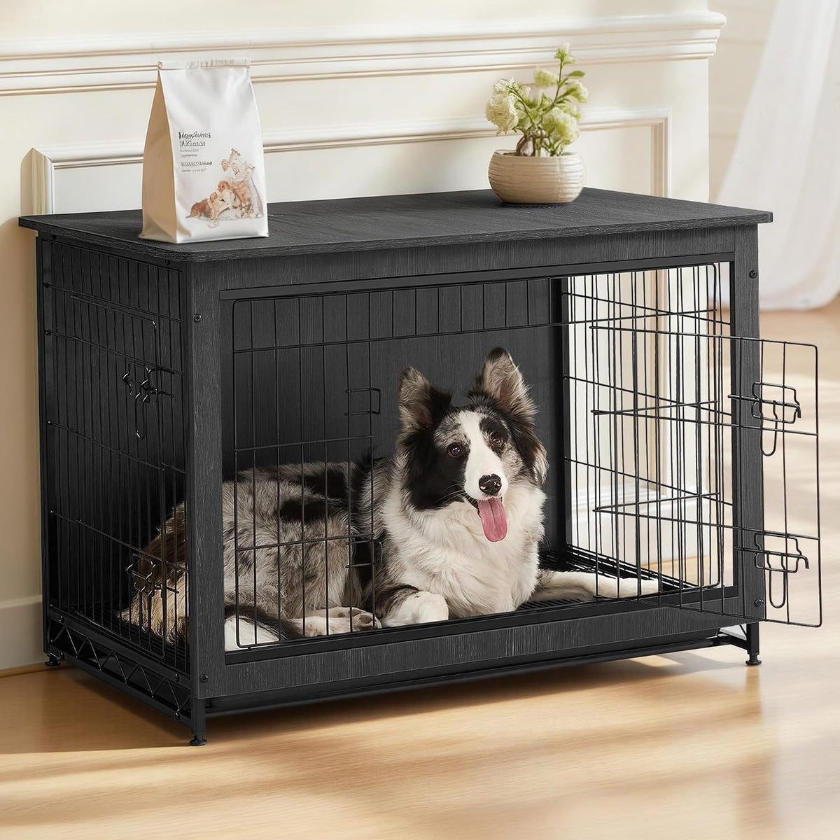 Black-finish wooden dog crate used as side table with a dog inside and doors open