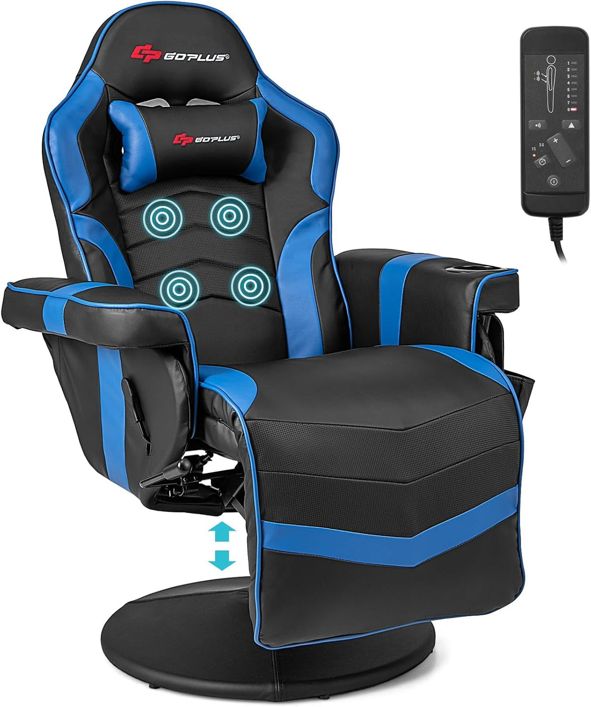 Blue-and-black gaming recliner with head pillow, cup holder and remote shown to the right