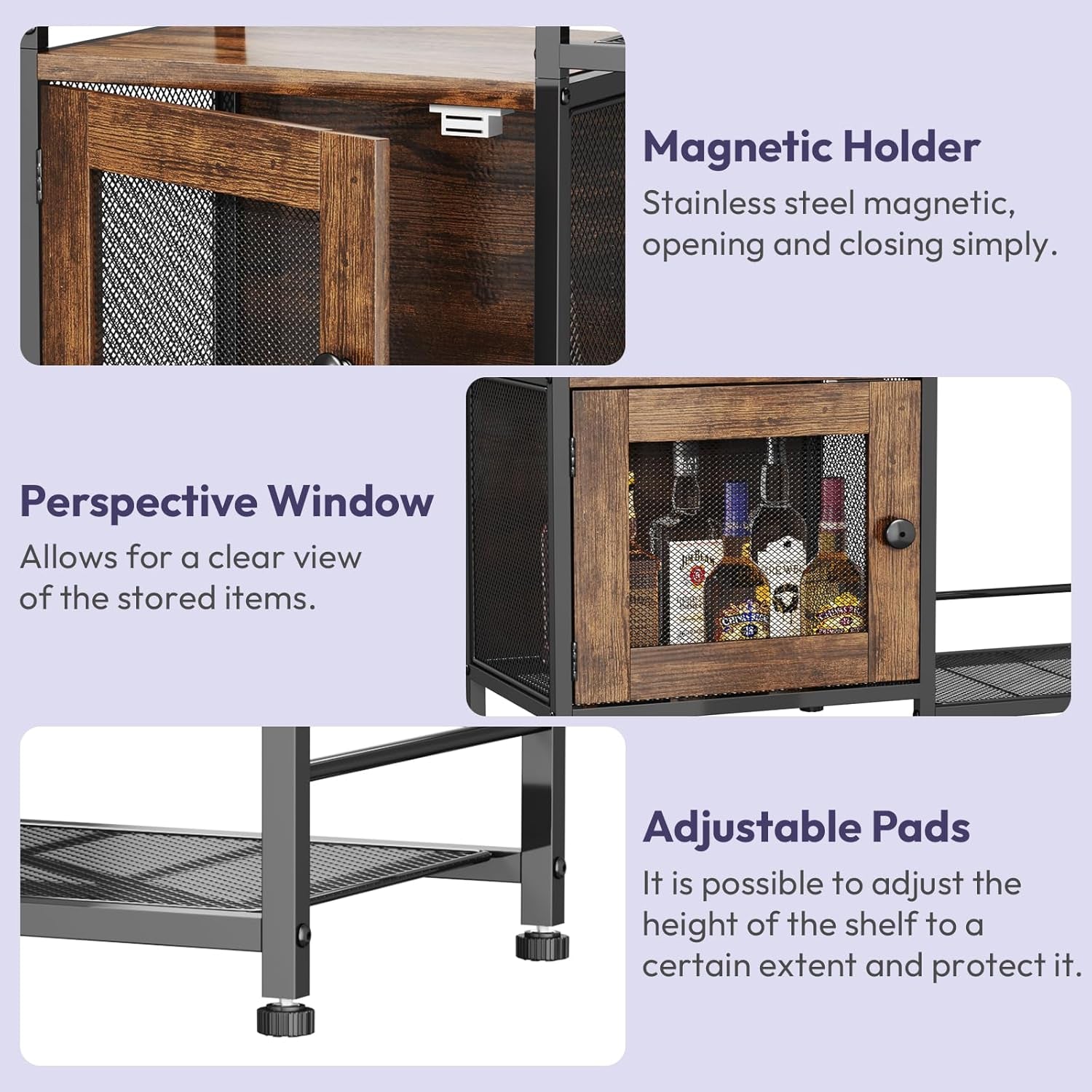 Three closeups showing the cabinet's mesh door window with magnetic latch and an adjustable screw foot on the frame.