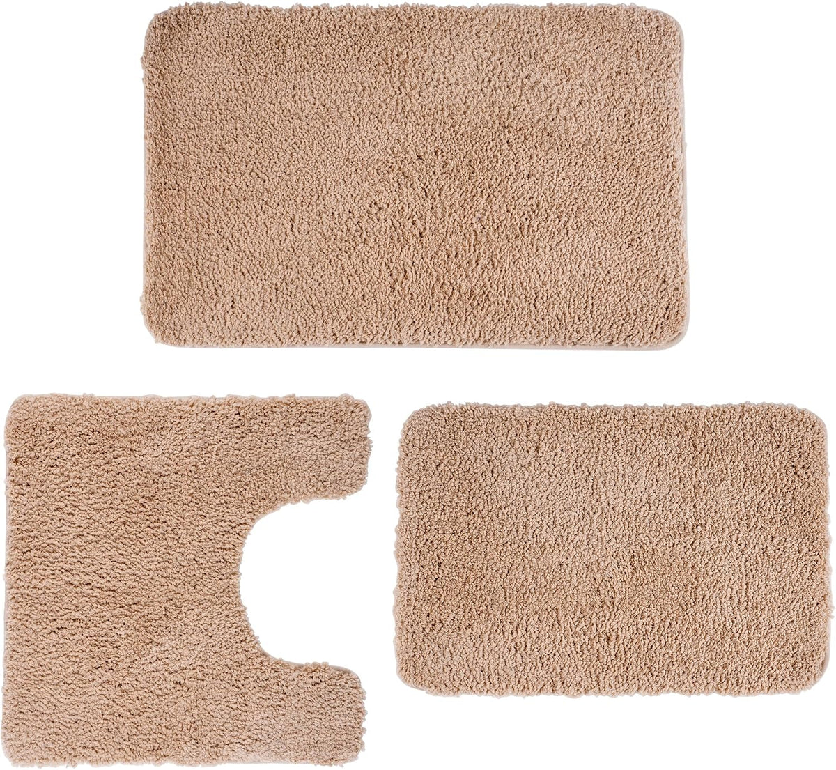 Three-piece bathroom rug set in beige displayed flat: large rectangular mat, U-shaped toilet mat, and smaller rectangular