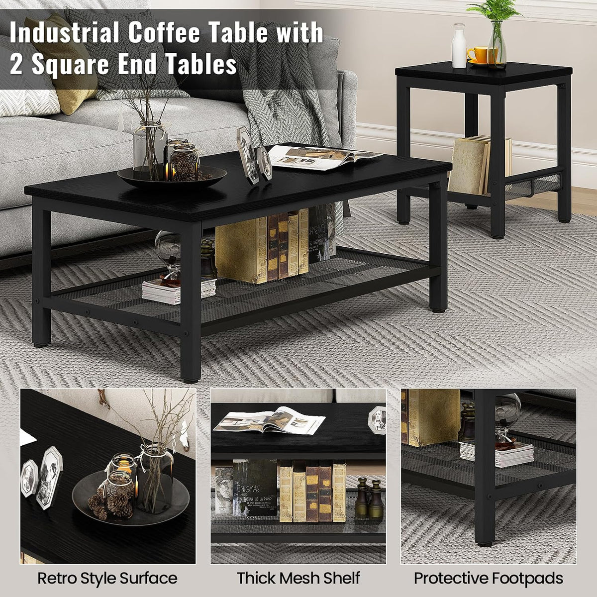 Black coffee table closeup collage showing tabletop, mesh lower shelf and footpad details.