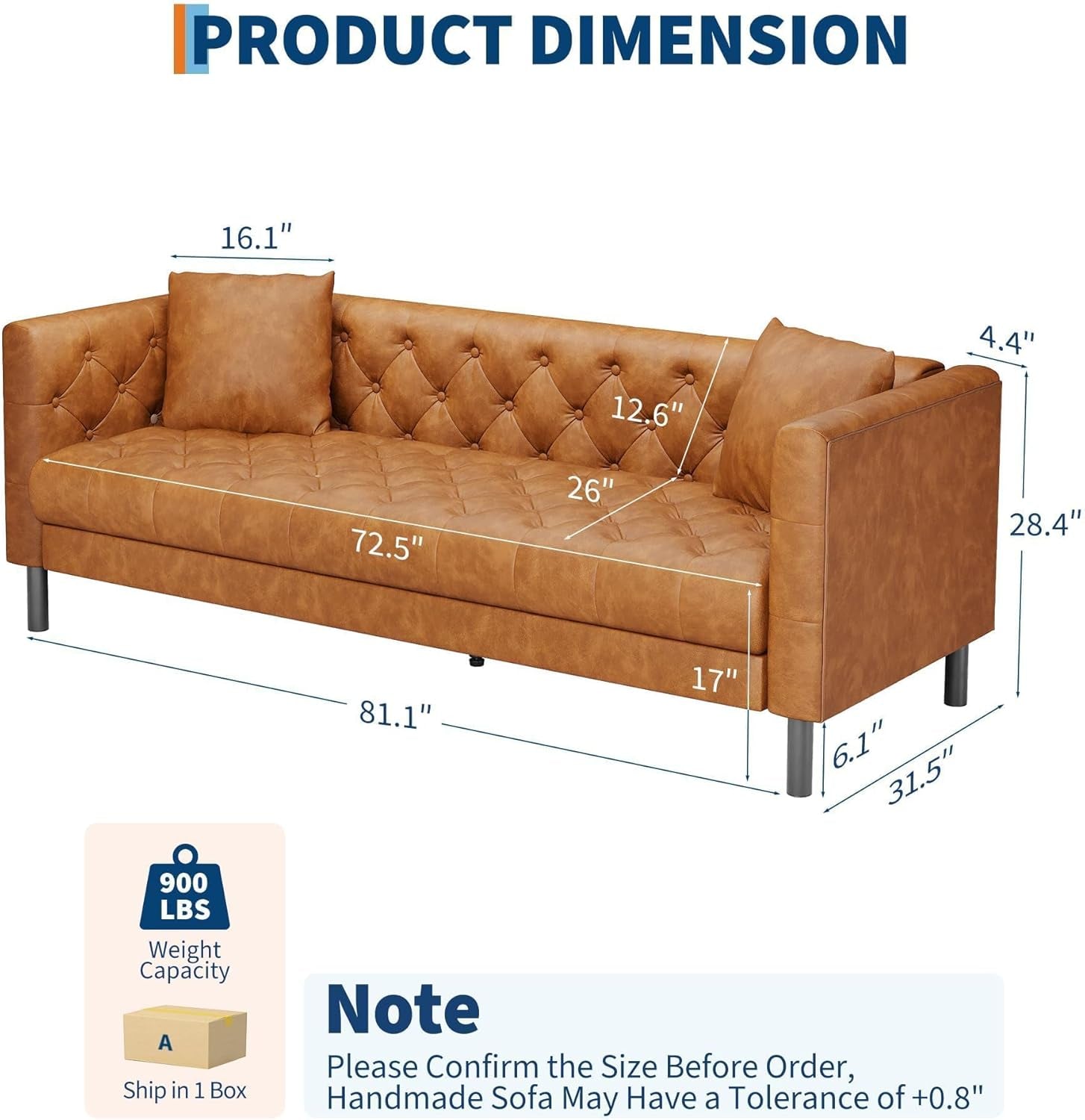 81" Leather Couch for Living Room, Chesterfield Sofa with Deep Seat, Handmade Button Tufted 3 Seater Sofa, Modern Leather Sofa for Apartment, or Office, Cognac Tan