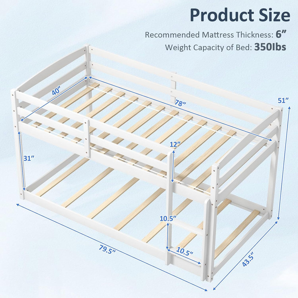 Illustration of the white bunk frame with blue arrows showing multiple dimensional measurements.