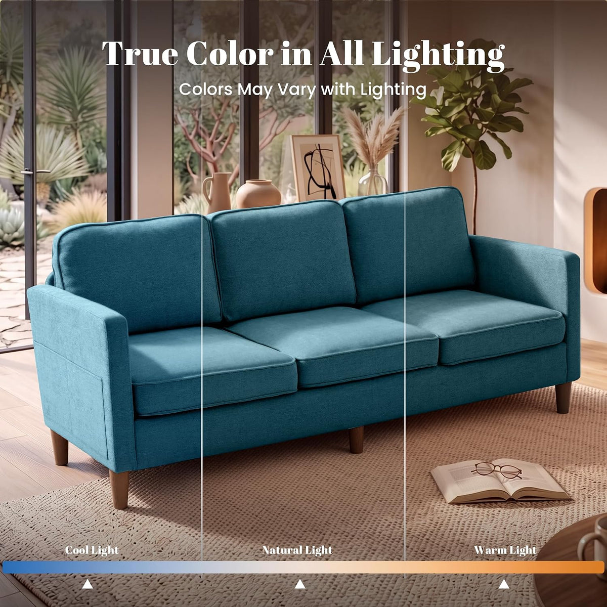 Sofa shown across three vertical panels to illustrate how its teal color appears in cool, natural and warm lighting.