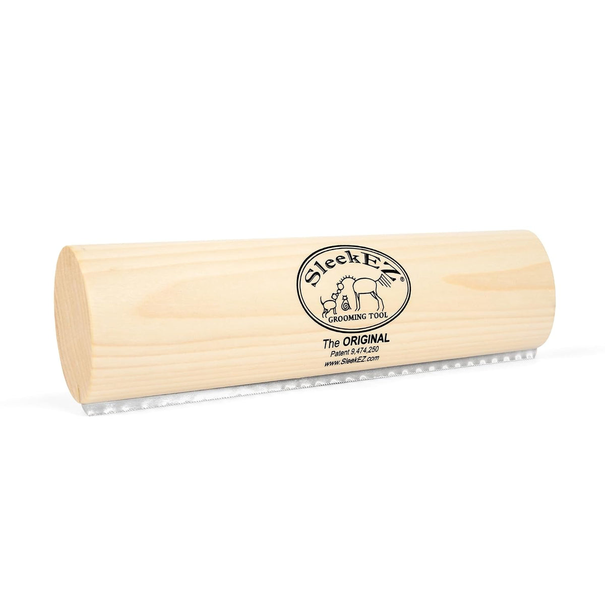 Full-length horizontal shot of the wooden brush resting on a white surface with the metal comb edge visible along the bottom.