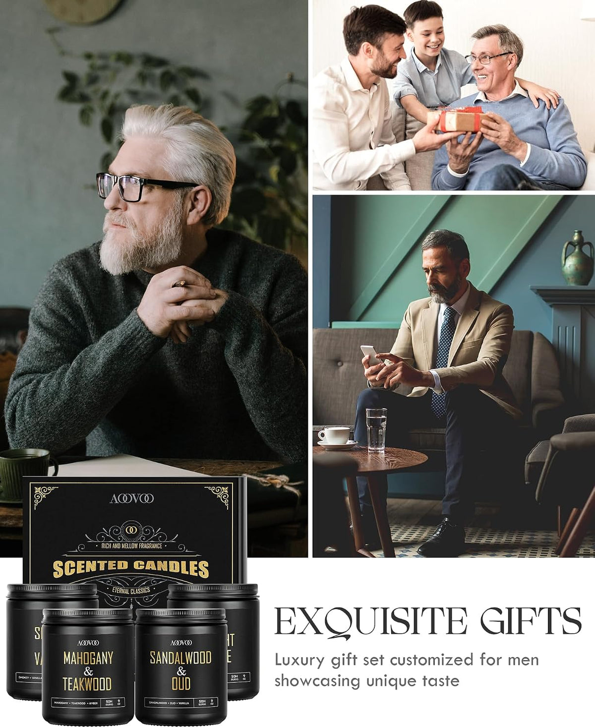 Lifestyle collage showing men receiving a boxed candle set and four black jar candles displayed as a gift at the bottom.
