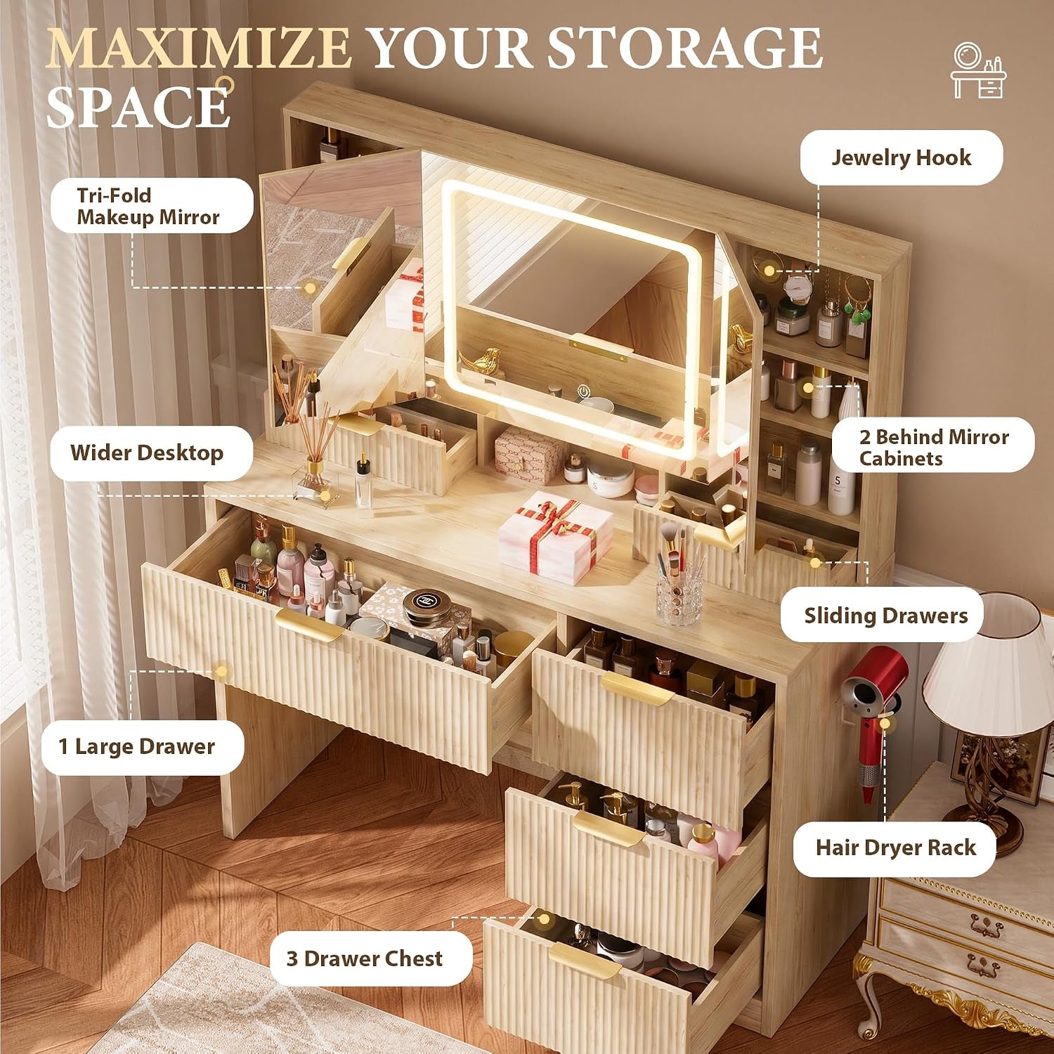 Illustration showing open drawers, hidden mirror compartments, and labeled storage features